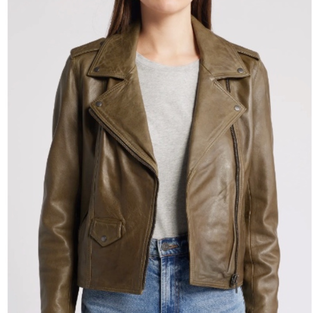 Treasure & Bond Olive Leather Moto Jacket Size Medium M